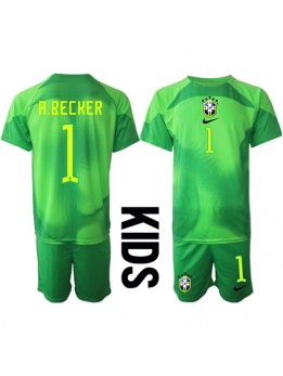 Brasilien Alisson Becker #1 Torwart Auswärts Trikotsatz für Kinder WM 2022 Kurzarm (+ Kurze Hosen)